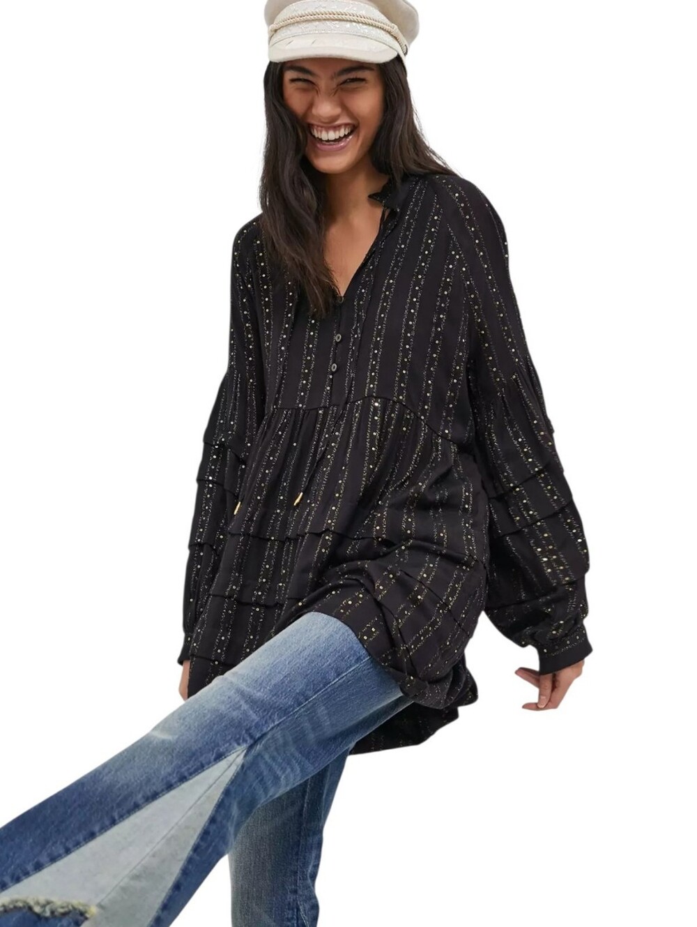 Anthropologie Quinn Black Tiered Tunic Blouse with Gold Sequins Whimsigoth Top